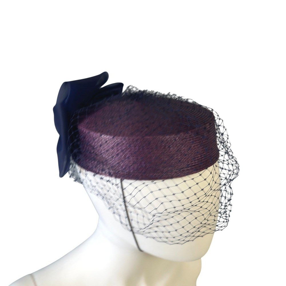 Vintage Purple Woven Pillbox Hat Navy Blue Birdcage Veil & Large Bow JS